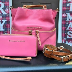 Dooney & Bourke Pink and Tan leather satchel and matching wallet.